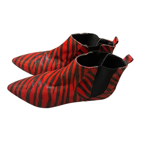 Red Zebra Print Ankle Boots Pointed Toe Elastic Chelsea Booties - Picture 3 of 6